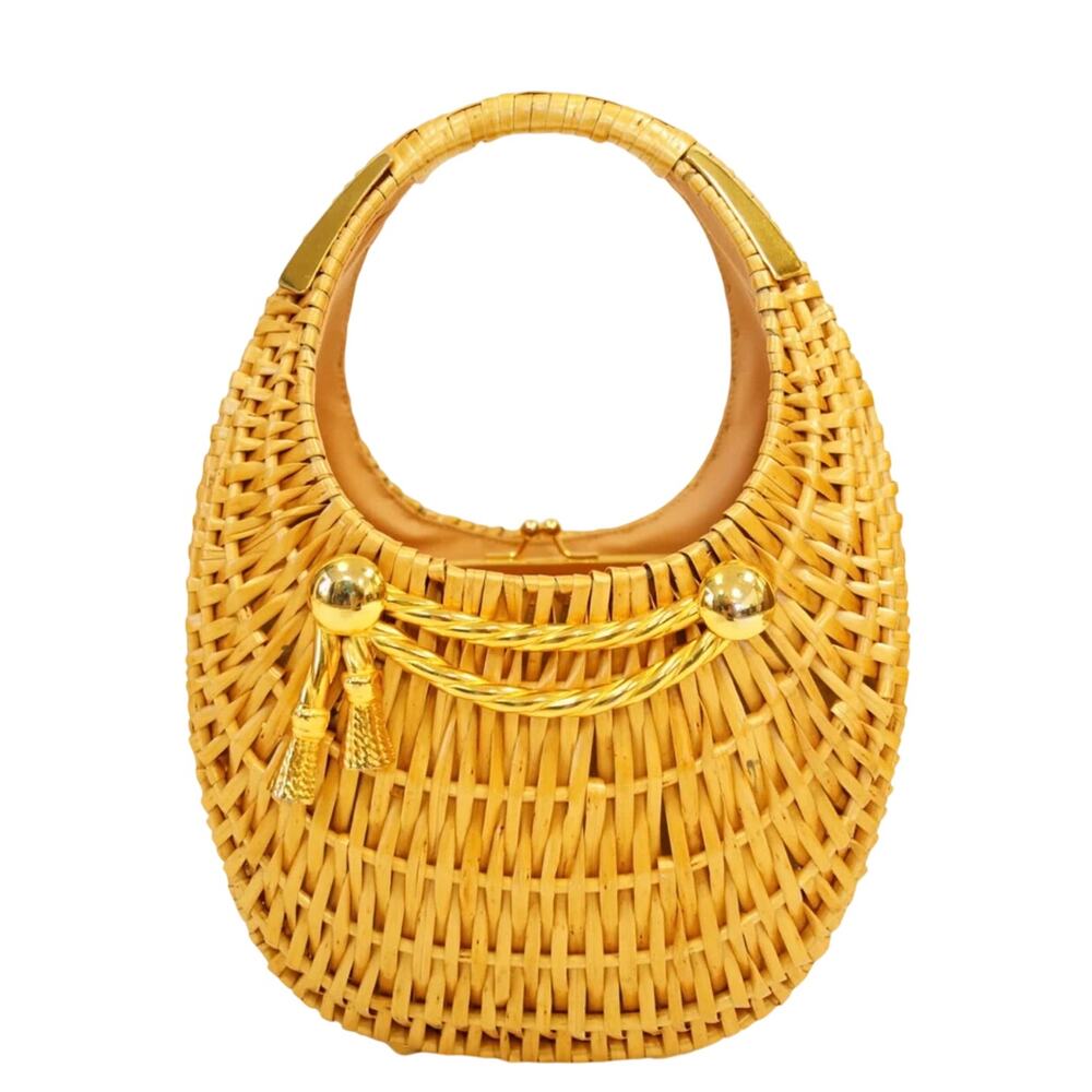 1950s Vintage Koret Crescent Flat Reed Basket Handbag with Gold Tassel GS